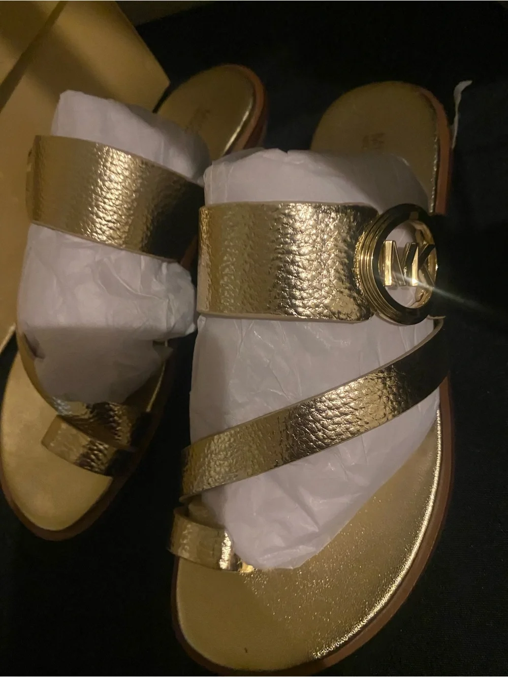 Michael Kors Gold Leather Slide Sandals with MK Logo